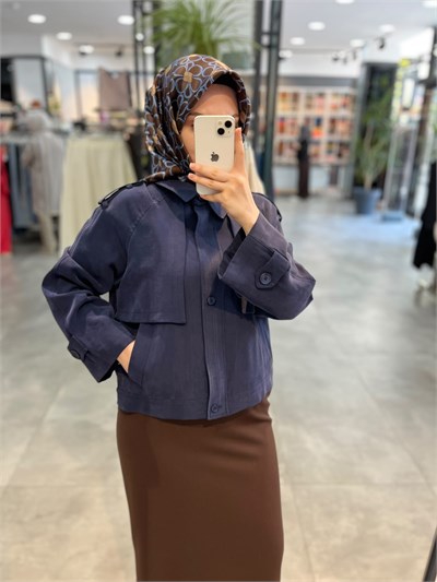 Nihan Pile Fermuar Detaylı Crop Ceket - Lacivert