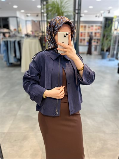 Nihan Pile Fermuar Detaylı Crop Ceket - Lacivert