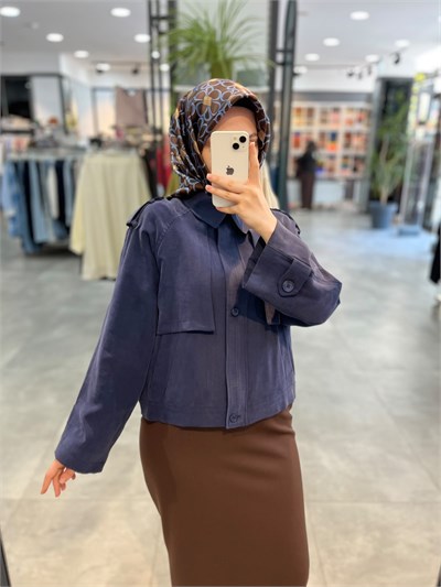 Nihan Pile Fermuar Detaylı Crop Ceket - Lacivert