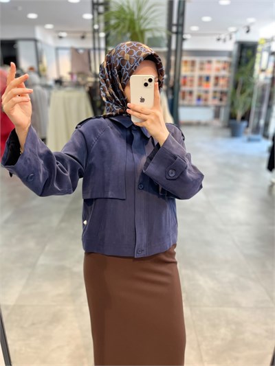 Nihan Pile Fermuar Detaylı Crop Ceket - Lacivert