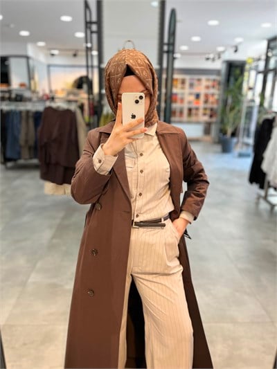 Nihan Tam Boy Kruvaze Trench - Kahve