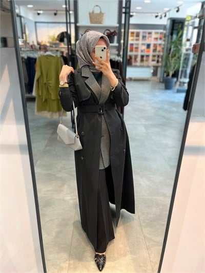 Nihan Tam Boy Kruvaze Trench - Siyah
