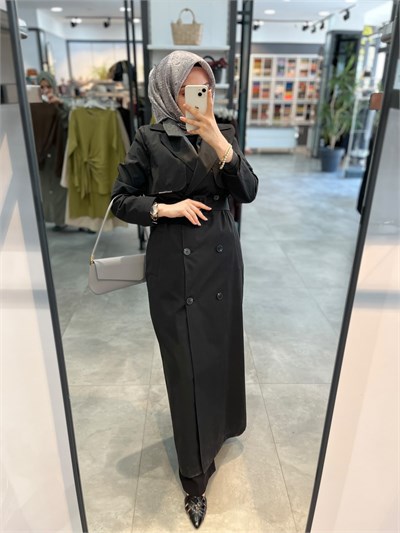 Nihan Tam Boy Kruvaze Trench - Siyah