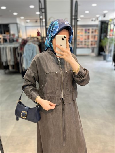Nihan Tencel Bomber Ceketli Etekli Takım - Füme