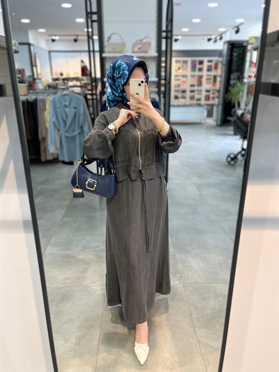 Nihan Tencel Bomber Ceketli Etekli Takım - Füme