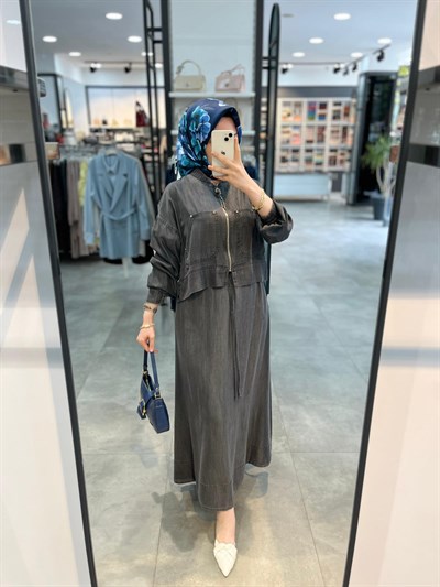 Nihan Tencel Bomber Ceketli Etekli Takım - Füme