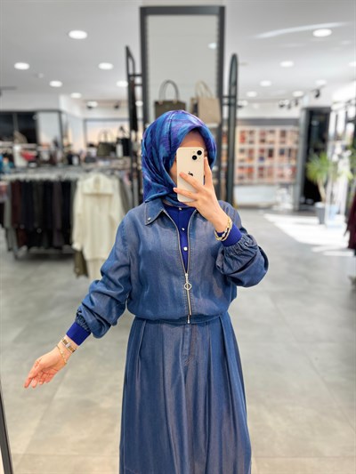 Nihan Tencel Etek Ceket Takım - İndigo