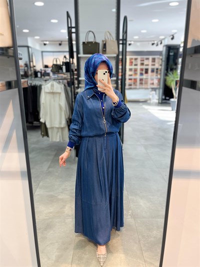 Nihan Tencel Etek Ceket Takım - İndigo