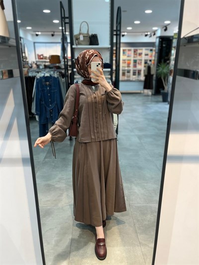 Nihan Tencel Etek Gömlek Takım - Kahve