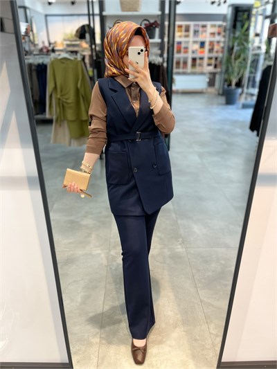 Nihan Torba Kesit Hafif Dar Blazer Yelek - Lacivert