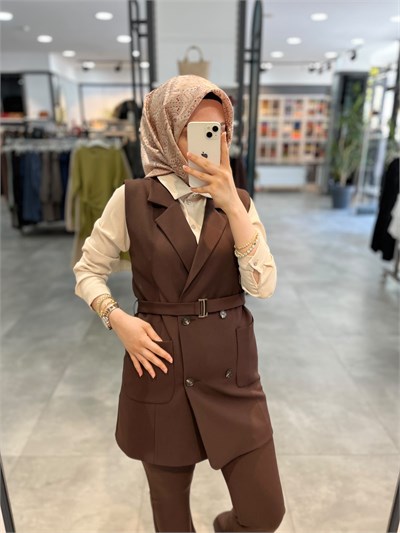 Nihan Torba Kesit Hafif Dar Blazer Yelek - Kahve