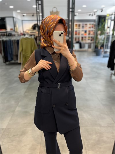 Nihan Torba Kesit Hafif Dar Blazer Yelek - Lacivert