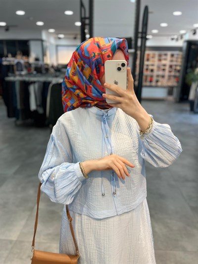 Nihan Viskon Etek Gömlek Takım - Açık Mavi