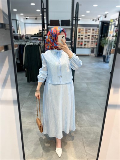 Nihan Viskon Etek Gömlek Takım - Açık Mavi