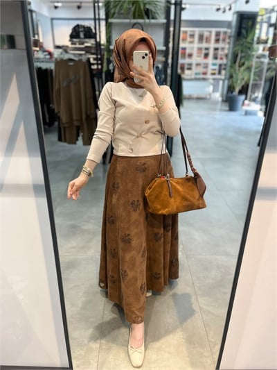 Nihan Volanlı Fermuarlı Etek - Taba