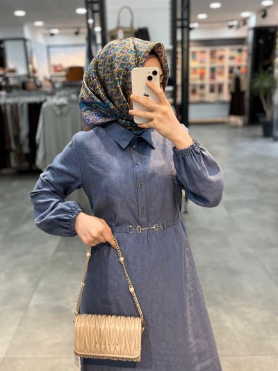 Nihan Yarım Patlı Kuşaklı Elbise - İndigo