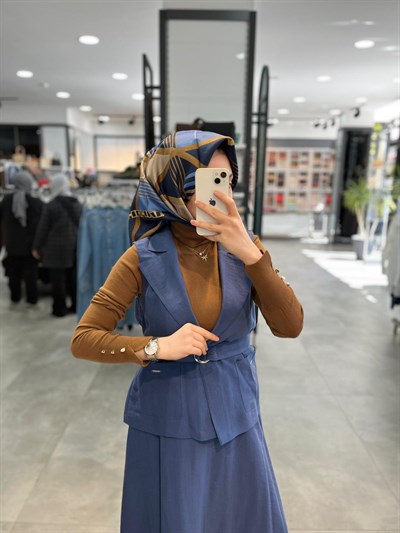 Nihan Yeleği i Bağlamalı Etekli Tencel Takım - İndigo