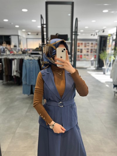 Nihan Yeleği i Bağlamalı Etekli Tencel Takım - İndigo