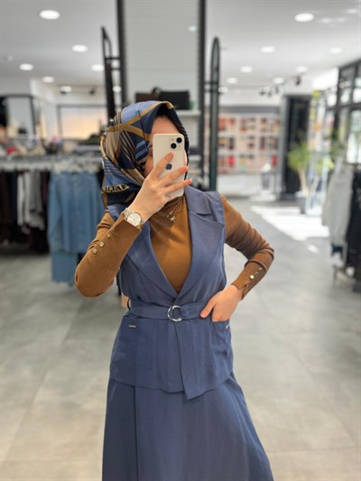 Nihan Yeleği i Bağlamalı Etekli Tencel Takım - İndigo
