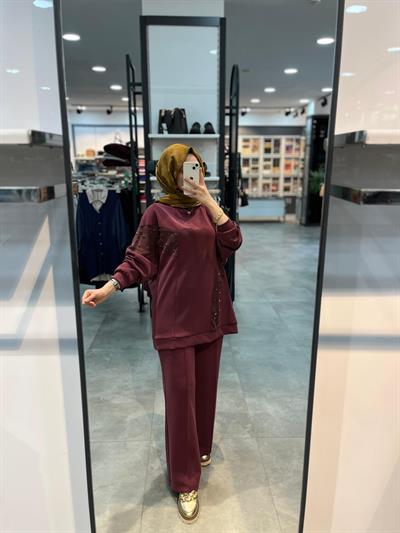 Nuss Çakma Taşlı Cupra Combinli Takım - Bordo