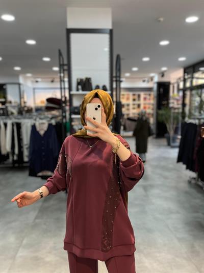 Nuss Çakma Taşlı Cupra Combinli Takım - Bordo