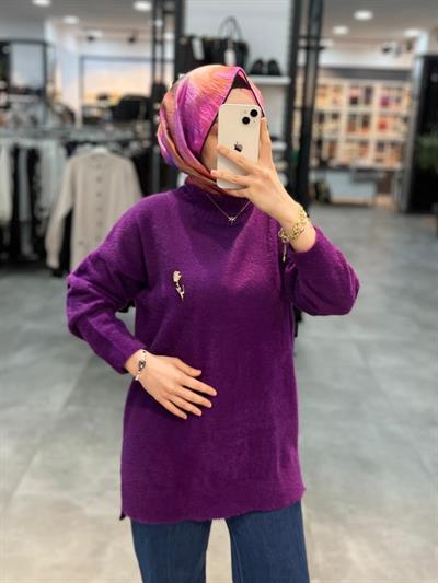 Nuss Dik Yaka Angora Tunik - Mor