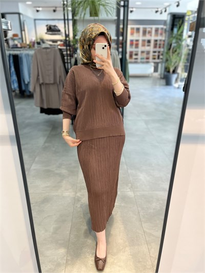 Nuss Fitilli Bluz Etek Takım - Kahve