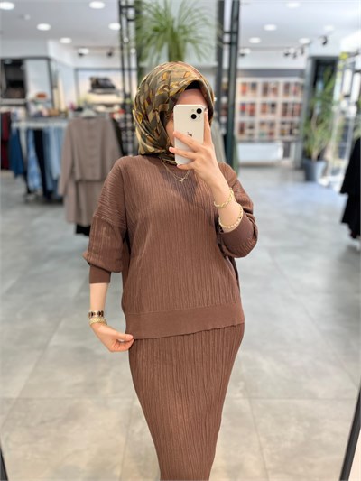 Nuss Fitilli Bluz Etek Takım - Kahve