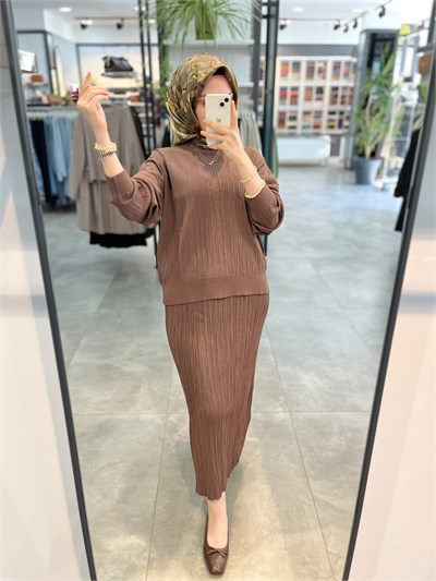 Nuss Fitilli Bluz Etek Takım - Kahve