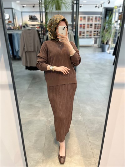 Nuss Fitilli Bluz Etek Takım - Kahve
