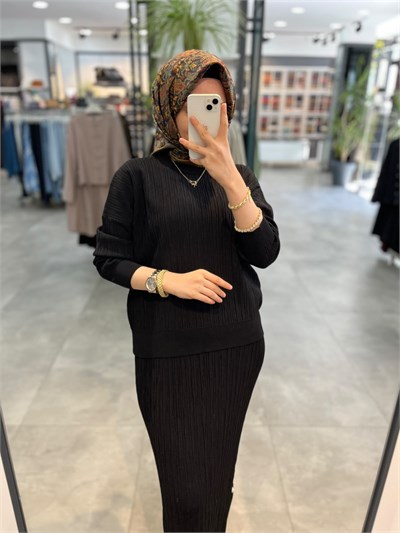 Nuss Fitilli Bluz Etek Takım - Siyah