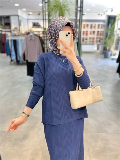 Nuss Fitilli Triko Bluz Etek Takım - Lacivert