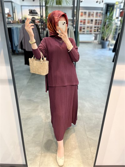 Nuss Fitilli Triko Bluz Etek Takım - Mürdüm