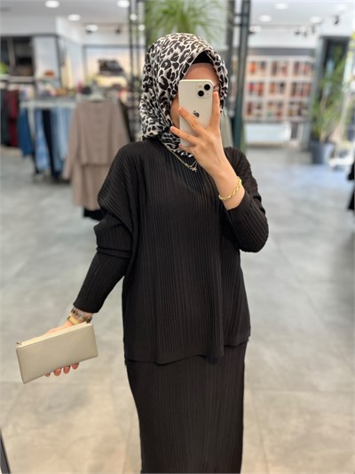 Nuss Fitilli Triko Bluz Etek Takım - Siyah