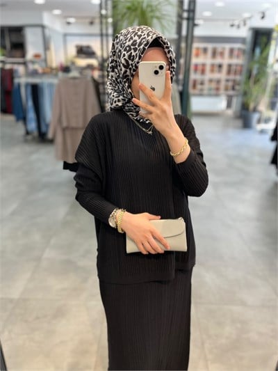 Nuss Fitilli Triko Bluz Etek Takım - Siyah