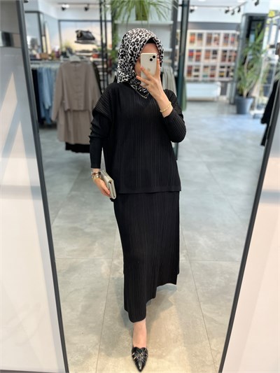 Nuss Fitilli Triko Bluz Etek Takım - Siyah