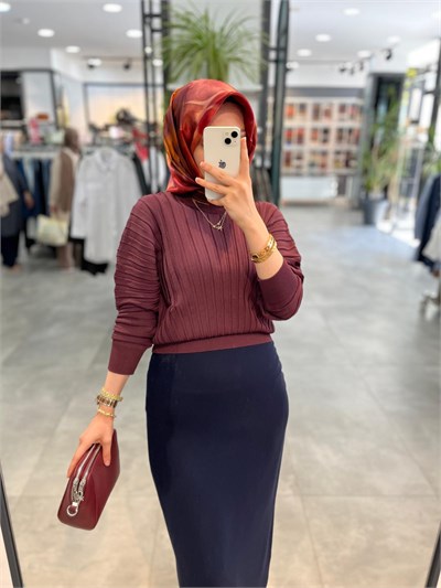 Nuss Kalın Fitilli Yarasa Kol Kazak - Bordo