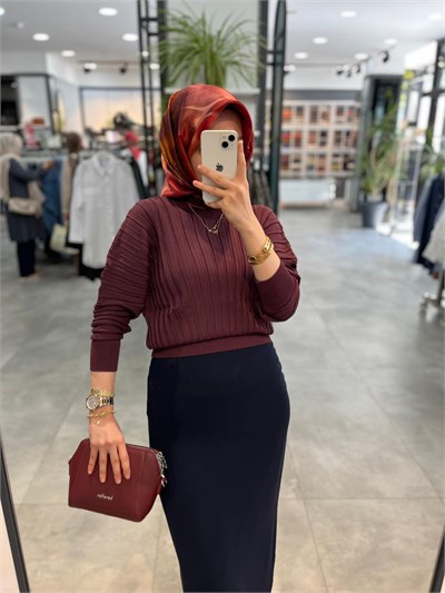 Nuss Kalın Fitilli Yarasa Kol Kazak - Bordo