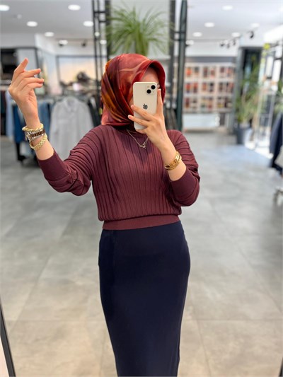 Nuss Kalın Fitilli Yarasa Kol Kazak - Bordo