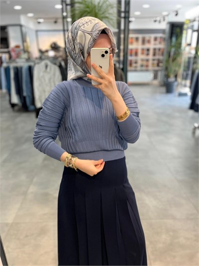 Nuss Kalın Fitilli Yarasa Kol Kazak - İndigo
