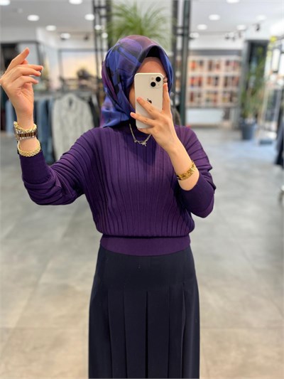 Nuss Kalın Fitilli Yarasa Kol Kazak - Mor
