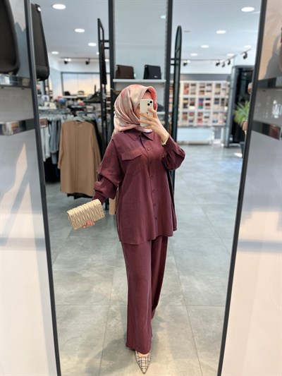Nuss Kapaklı Cep Detaylı Pantolonlu Takım - Mürdüm