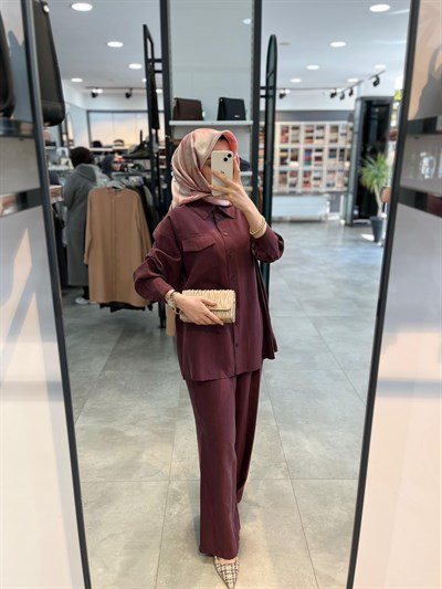 Nuss Kapaklı Cep Detaylı Pantolonlu Takım - Mürdüm