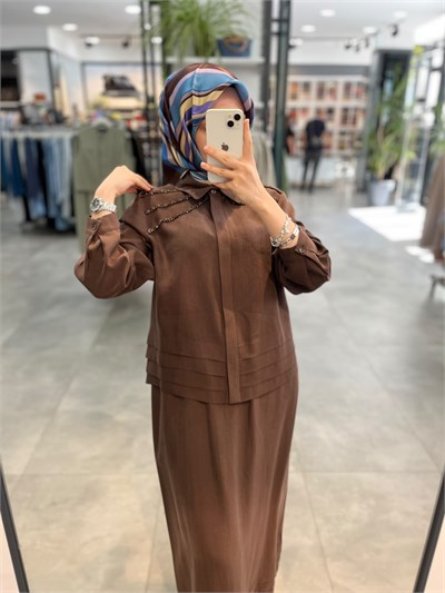 Nuss Omuz Boncuklu Etek Uçları Katlı Takım - Kahve