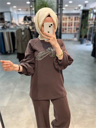 Nuss Önü Boncuk İşlemeli Pantolonlu Takım - Kahve