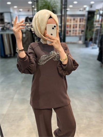 Nuss Önü Boncuk İşlemeli Pantolonlu Takım - Kahve
