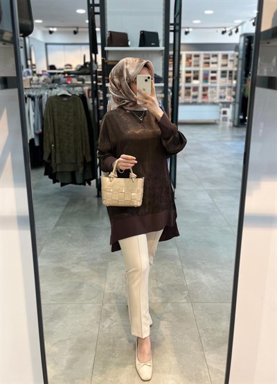 Nuss Ribanalı Jakar Tunik - Kahve
