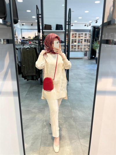 Nuss Ribanalı Jakar Tunik - Krem