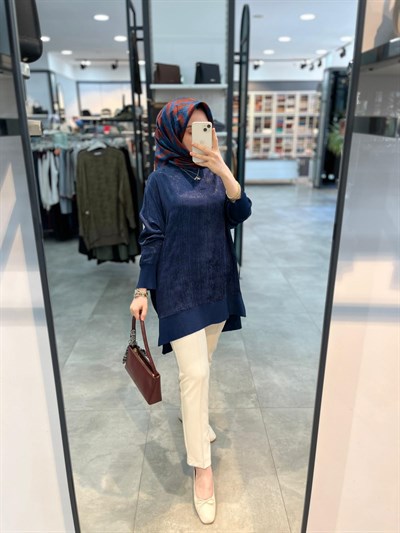Nuss Ribanalı Jakar Tunik - Lacivert