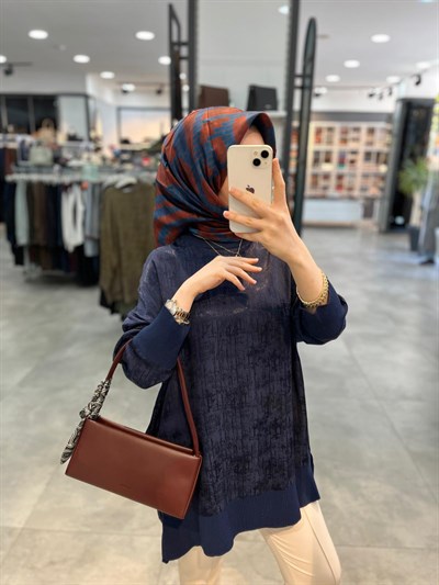 Nuss Ribanalı Jakar Tunik - Lacivert